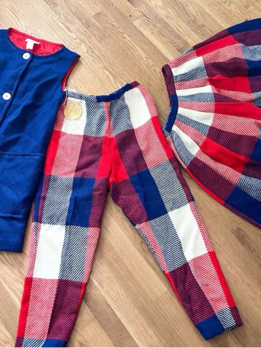 Vintage 3 pc set Red, Navy & White Plaid Pant Set Fourth of July